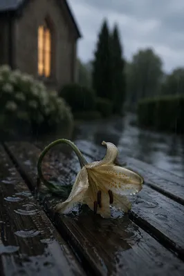Wilting Lily in Rainy Chapel Garden