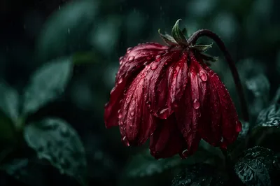 Wilting Red Flower in Gentle Rain
