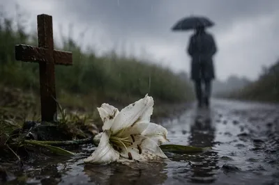 Wilting Lily in Rain Beside Cross