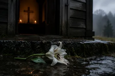 Wilting White Flower Outside Rainy Chapel