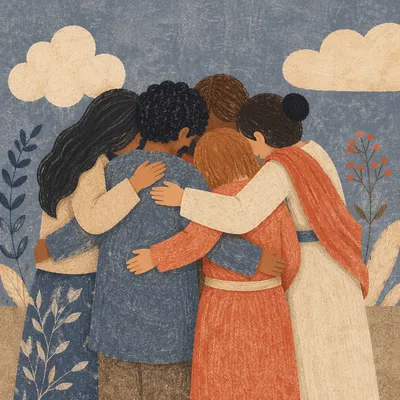 Supportive Friends Group Hug in Circle