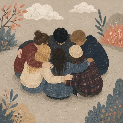 Friends Group Hug in Support Circle