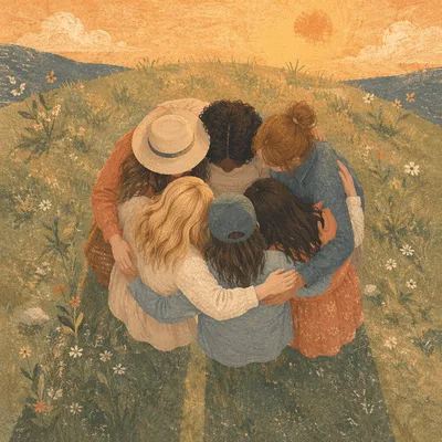Friends Group Hug at Golden Hour