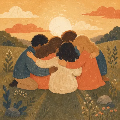 Friends Circle Hug at Golden Hour