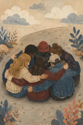 Friends Group Hug in Support Circle