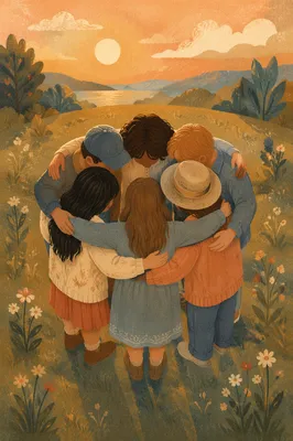 Friends Group Hug at Golden Hour