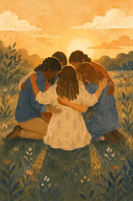 Friends Circle Hug at Golden Hour