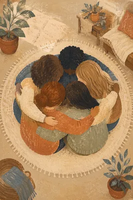 Supportive Friends Group Hug in Warm Light