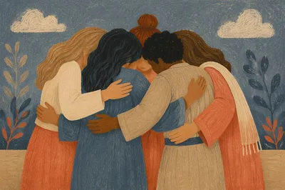 Supportive Friends Group Hug in Circle
