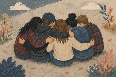 Friends Group Hug in Support Circle