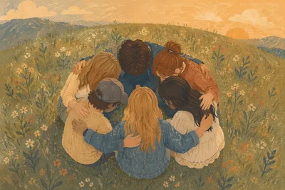 Friends Group Hug in Golden Hour Circle