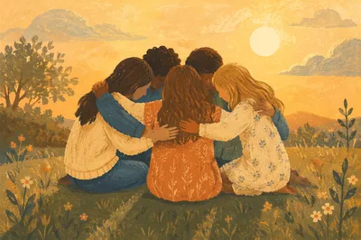 Friends Circle Hug at Golden Hour
