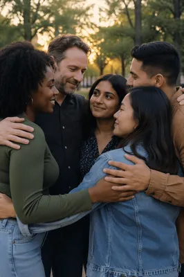 Five Friends Sharing Supportive Group Hug