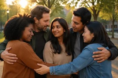 Five Friends Sharing Supportive Group Hug