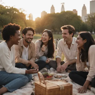 Five Friends Laughing at Park Picnic