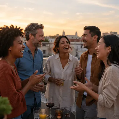 Five Friends Laughing on Rooftop at Sunset
