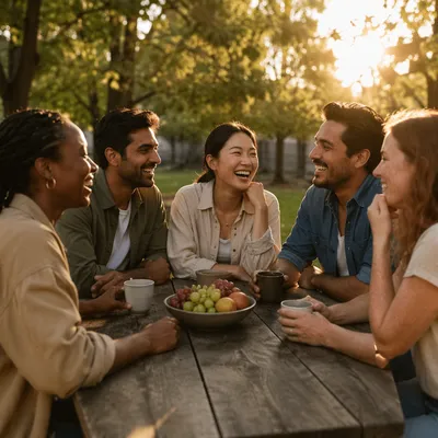 Five Friends Laughing at Picnic Table
