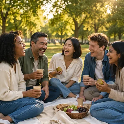 Five Friends Laughing at Park Picnic