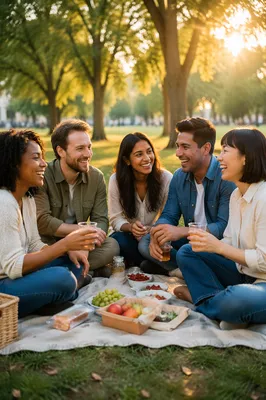 Five Friends Laughing on Picnic Blanket