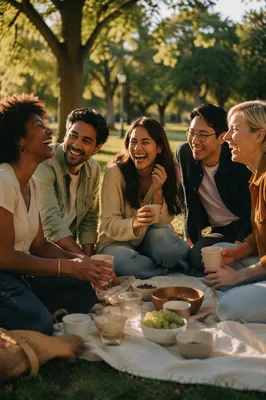 Five Friends Laughing at Park Picnic