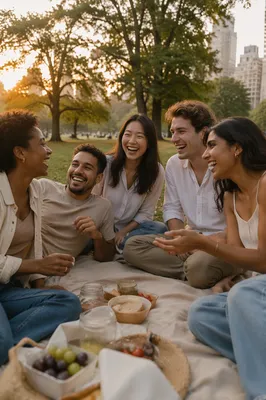Five Friends Laughing at Park Picnic