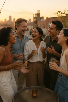 Five Friends Laughing on Rooftop at Sunset