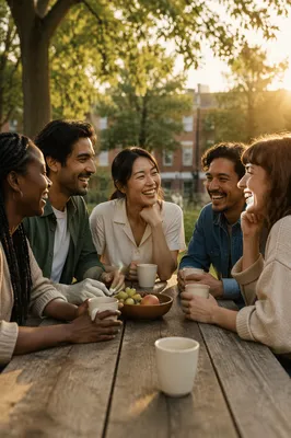 Friends Laughing Around Picnic Table at Sunset