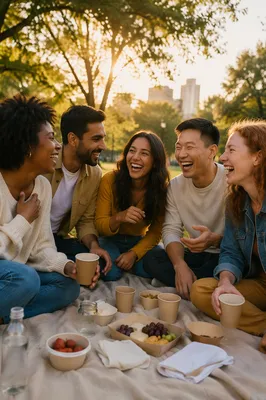 Five Friends Laughing at Park Picnic