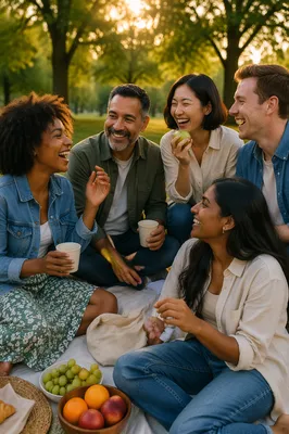 Friends Laughing Together at Park Picnic