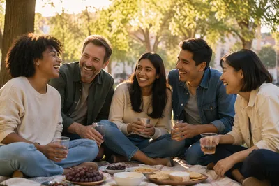 Friends Laughing on Picnic Blanket in Park