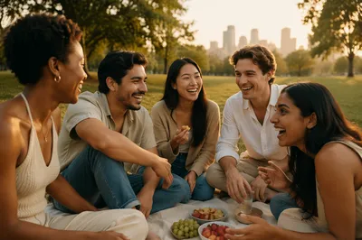 Friends Laughing Together at Park Picnic