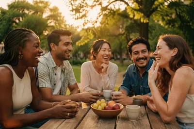 Friends Laughing at Picnic Table in Park