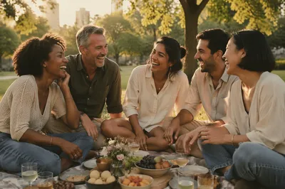 Friends Laughing Together at Park Picnic