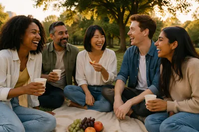 Five Friends Laughing at Park Picnic