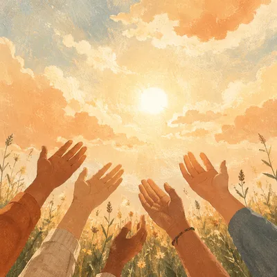 Hands Reaching Toward Sunrise Sky
