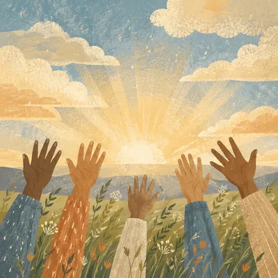 Raised Hands Toward Sunrise Sky