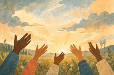 Hands Raised to Sunrise Sky in Freedom