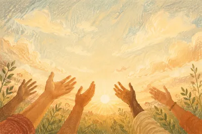Hands Raised to Sunrise Sky in Freedom