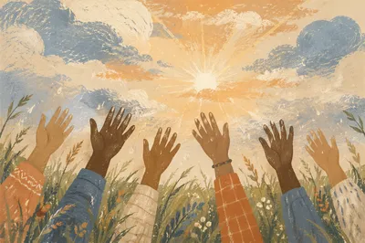 Raised Hands in Sunrise Field