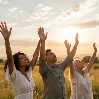Hands Raised to the Sky at Sunrise