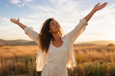 Woman Raising Hands in Sunrise Meadow