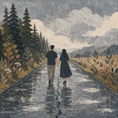 Couple Holding Hands Through Stormy Road
