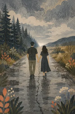 Couple Walking Through Storm Hand in Hand