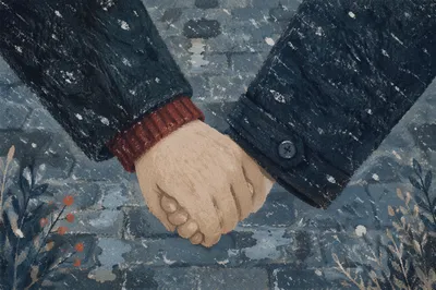 Couple Holding Hands Through Winter Storm
