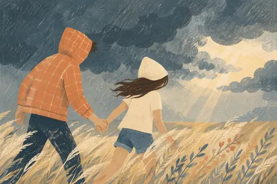 Couple Holding Hands Through Stormy Field