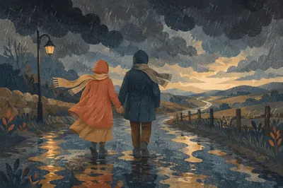 Couple Walking Through Storm Hand in Hand
