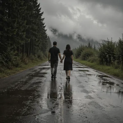 Couple Walking Through Storm Hand in Hand