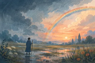Hopeful Sunrise After Storm With Rainbow