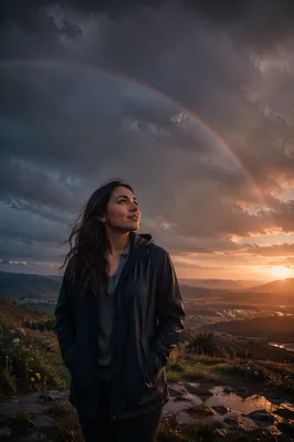 Woman on Hill at Sunrise Rainbow