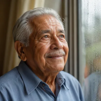 Hopeful Elderly Man by Rainy Window